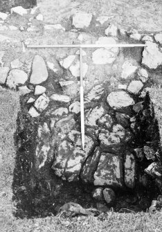 Excavation photograph : southward extension of trench exposing foundations of W wall of E range, from W.