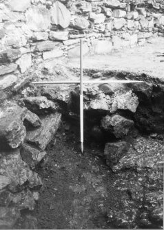 Excavation photograph : S section of trench, showing wall stump f251 at E end of room, from N.