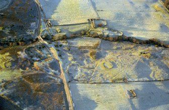 Oblique aerial view of enclosure and hut circles at Achvrail Burn, Rossal, Strath Fleet, East Sutherland, looking W.  