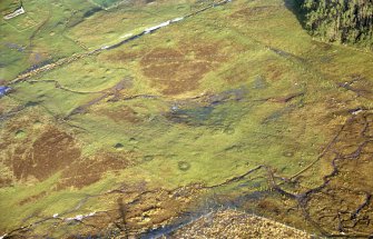 Near overhead aerial view of a group of circles and possible cairns E of Torroble, near Lairg, Sutherland, looking NE.