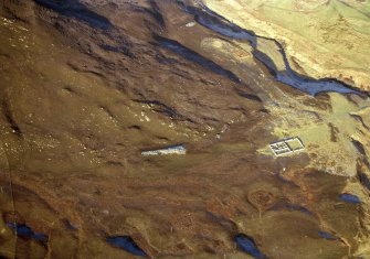 An oblique aerial view of the Caen Burn and the slopes on its west side, Strath of Kildonan, East Sutherland, looking N.