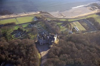 An oblique aerial view of Dunrobin Castle, Golspie, East Sutherland, looking SSE.