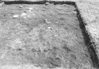 Excavation photograph : area 2 - f2027, 2028, hearth/cremation, Hut H, from west.