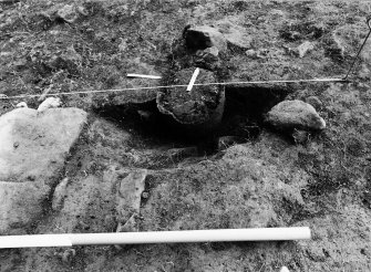 Excavation photograph : area 2 - f2021 - half section, urn in pit, from west.