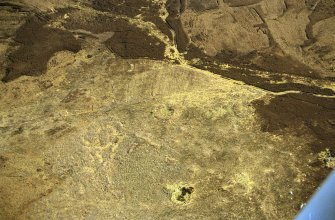 Overhead aerial view of settlement and field system between Achork and Cnoc-an-t-Sidhean, Rogart, Sutherland, looking SE.