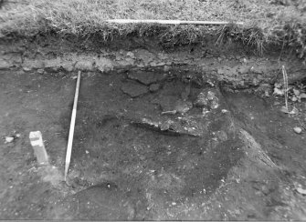 Excavation photograph : stone feature f285 running into N baulk, from S.