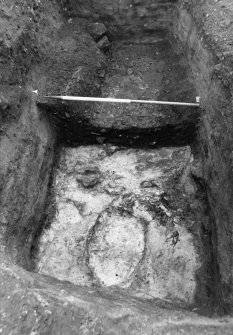 Excavation photograph : close up of pit f166, from W.