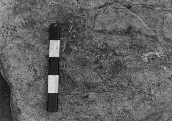 Excavation photograph. F200 details of mark on boulder, from west.