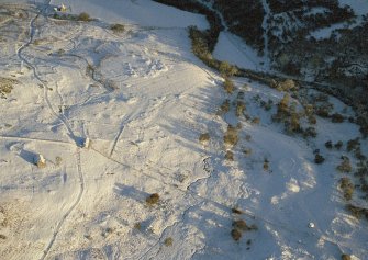 Near overhead aerial view of enclosures and hut circle at Torrboll Farm, Strath Fleet, East Sutherland, looking E.