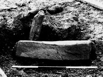 Excavation photograph : large wooden bowl, as found buried in brushwood foundation layer.
(large mounted copy print stored with MS/456)