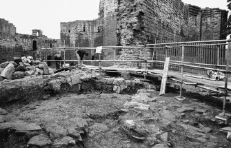 Excavation photograph : gatehouse and temporary access route into castle, from north-east.