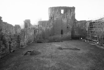 Excavation photograph : Donjon tower and courtyard, from E.
(B&W negatives colour printed)