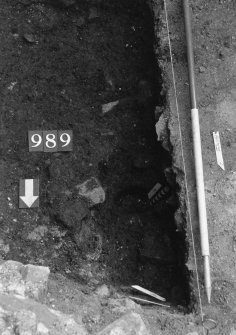 Excavation photograph : area N - slot cut through 988 with posthole 990 in base, from above.