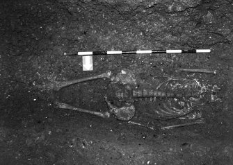 Excavation photograph : area M - skeleton 1100 in coal yard, part cleaned, modern nails indicate position of coffin nails.