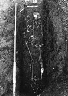 Excavation photograph : area M - skeleton in grave cut 1127 in NW part of area adjacent to Gas House.