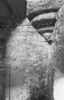Interior view of Mains Castle, Caird Park, Dundee, showing detail of corbel head decoration.