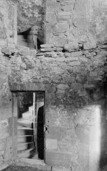 Interior view of Mains Castle, Caird Park, Dundee, showing doorways and stairs.