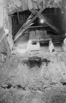 Interior view of Mains Castle, Caird Park, Dundee, showing doorway and ceiling.