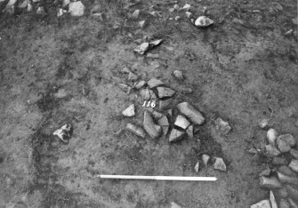 Excavation photograph : area 1, f116, stones in f110, from E.