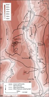 Column-width map showing the extent of the system of linear earthworks around the fort at Castle O'er. Published in Eastern Dumfriesshire: an archaeological landscape.