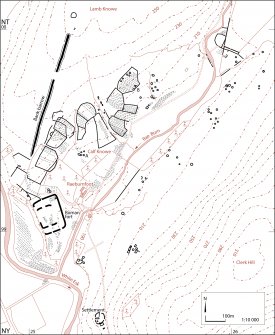 Map of archaeological features in the landscape around Raeburnfoot. Published in Eastern Dumfriesshire: an archaeological landscape.