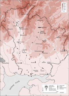 Map showing the distribution of stone axes and Neolithic monuments (long cairns, bank barrow, standing stones, cursus, stone circles, henges and pitted enclosures) in Annandale and Eskdale. Published in Eastern Dumfriesshire: an archaeological landscape.