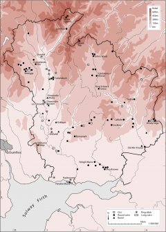 Map showing the distribution of Neolithic and Bronze Age funerary monuments (cists, round cairns, burials, ring-ditches and long cairns) in Annandale and Eskdale. Published in Eastern Dumfriesshire: an archaeological landscape.