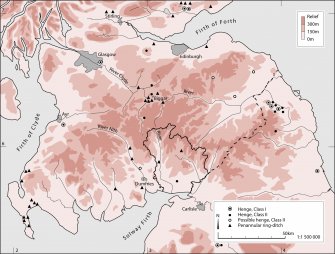 Map showing the distribution of henges and penannular ring-ditches in southern Scotland and northern England. Published in Eastern Dumfriesshire: an archaeological landscape.
