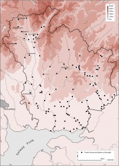 Map showing the distribution of tower-houses and places of strength in Annandale and Eskdale. Published in Eastern Dumfriesshire: an archaeological landscape.