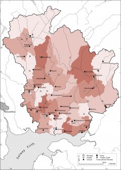 Map showing the distribution of medieval parish churches (named) in Annandale and Eskdale, against the pattern of parish boundaries at the present day. Published in Eastern Dumfriesshire: an archaeological landscape.