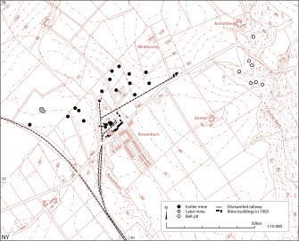 Map showing the mineheads of the Canonbie and Blinkbonny collieries at Rowanburn, together with the evidence of earlier mines identified by fieldwork. Published in Eastern Dumfriesshire: an archaeological landscape.
