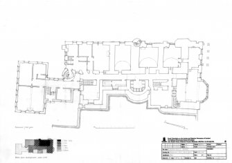 Kirkmichael House: Basement floor plan scale 1:100 and block plan (showing dated developments) scale 1:500
