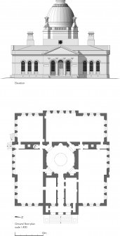 Paisley, John Neilson Institute: reconstructed ground floor plan and elevation, based on measured survey, 2008  and architects drawings Lane, Bremner and Garnett Architects, 2000. Scan of GV007499