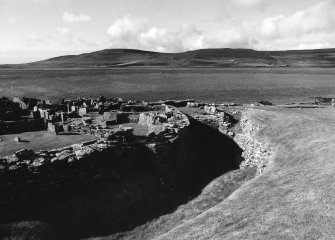 View looking towards main entrance to broch complex, facing West, Broch of Gurness, Aikerness.