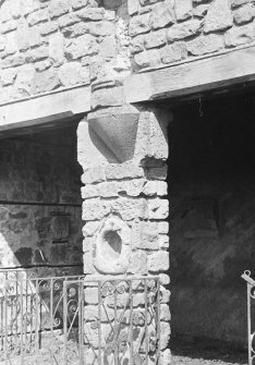 Detail of stonework at Drygrange summerhouse, incorporating Roman stones from the pit in the principle at Newstead.