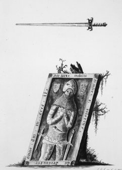 Photographic copy of drawing of Gilbert de Greenlaw tombstone.