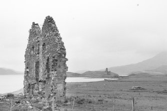 View of North wall, Calda House with Ardvreck Castle in the distance