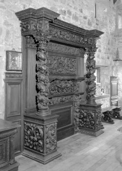 Gask Old House, interior.
General view of ornately carved woodwork from Stonebyres Castle, demolished 1934. Possibly a fire-surround.