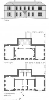 Former Tain Royal Academy: reconstructed ground and first floor plans and elevation, based on measured survey 1993. Scan of GV007542
