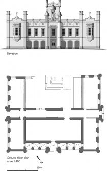 Fochabers, Milne School: ground floor plan and elevation, based on measured survey, 1993. Scanned copy of GV007576