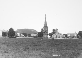 General view of Denholm from SSW with Leyden Monument in the foreground, looking towards Kirkside.