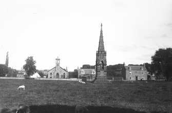 General view of Denholm from SW with Leyden Monument in the foreground, looking towards Kirkside.