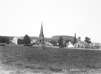 General view from S of Denholm with Leyden Monument in foreground.
