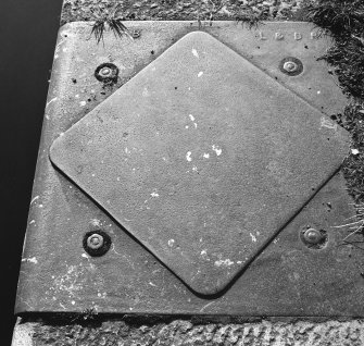 Detail of inscribed base plate 'B L+BRY' in front of customs house, detail