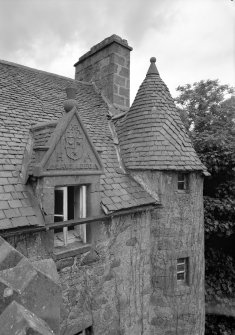 Detail of turret and carvings above the dormer window, Fiddes Castle.