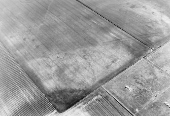 Oblique aerial view centred on the cropmarks of the enclosures, ring-ditches, pits, possible long barrow and timber halls, taken from the WNW.