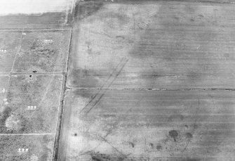 Oblique aerial view centred on the cropmarks of the enclosures, ring-ditches, pits, possible long barrow and timber halls, taken from the SE.