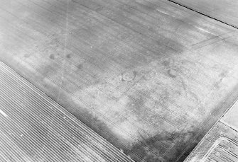 Oblique aerial view centred on the cropmarks of the enclosures, ring-ditches, pits, possible long barrow and timber halls, taken from the NW.