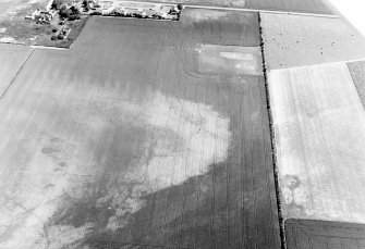 Oblique aerial view centred on the cropmarks of the enclosures, ring-ditches, pits, possible long barrow and timber halls with the farmhouse and farmsteading adjacent, taken from the WSW.