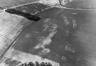 Oblique aerial view centred on the cropmarks of the ring-ditches, roundhouses and long barrow, taken from the NE.